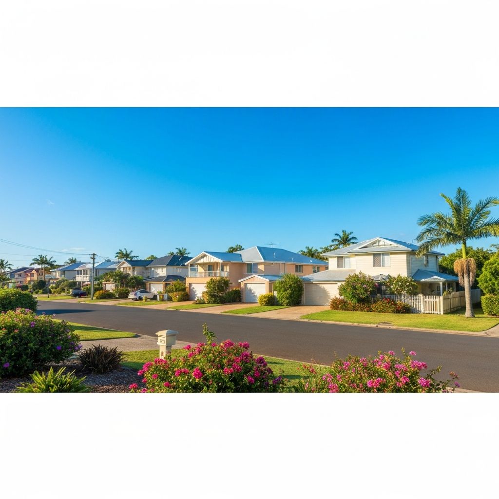 Charming residential street in Hervey Bay with neat houses and tropical gardens